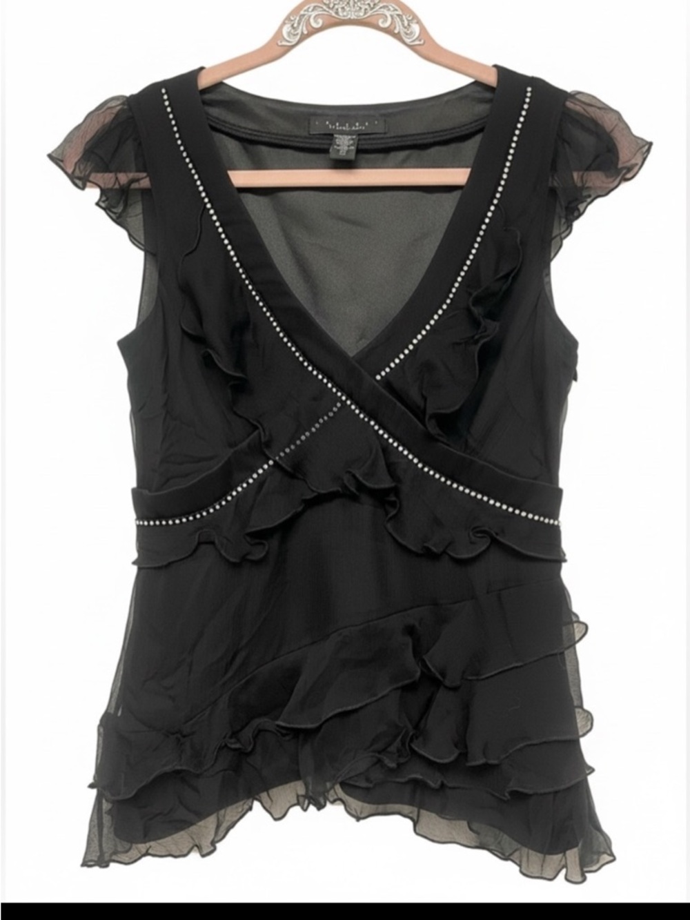 Laundry by Shelli Segal silk blouse w rhinestone flutter sleeve 90’s vintage